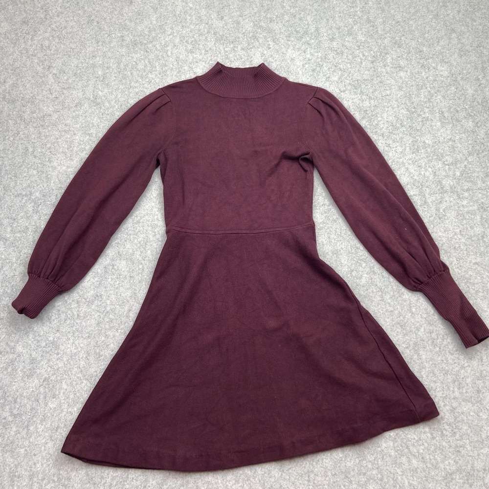 Vince Camuto Sweater Dress Womens XS Burgundy Fit Flare Mock Neck Long Sleeve